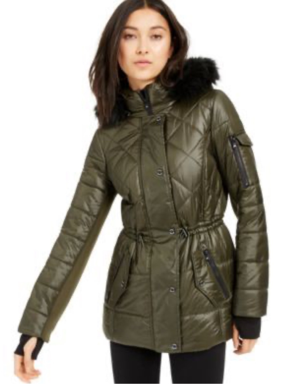 Michael Kors Olive Quilted Puffer Coat Faux Fur Hood Women's Size L Soft Shell